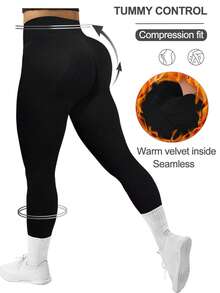 Rhythm Era 1 Stück Damen Leggings in Große Größen mit nahtlosem geripptem Thermofutter, geeignet für Laufen, Fitness, Yoga, Training, Herbst/Winter - Schwarz - Übersicht 1