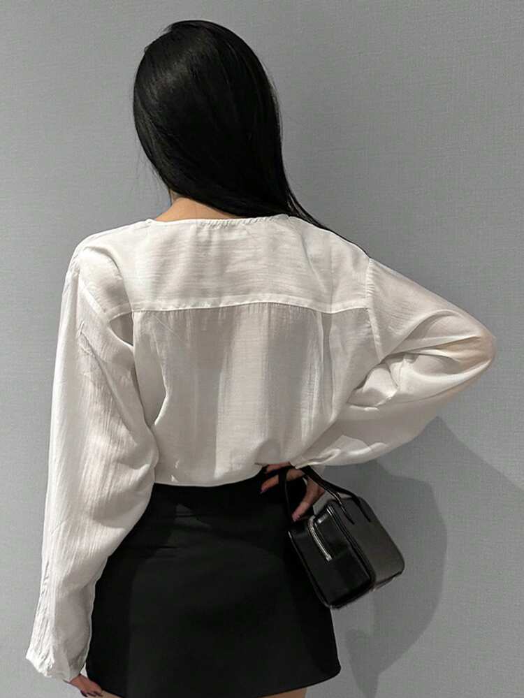 Women's Elegant Loose Fit Draped Neck Long Sleeve Chiffon Blouse, Versatile