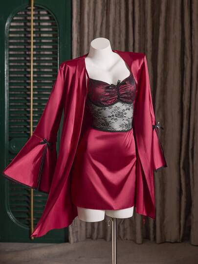 SilkySpell Mature Elegante Verleidelijke Kanten Satijnen Slip Dress Robe Sleepwear Set view 7