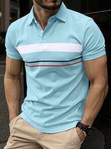 Manfinity Mode 男士休闲条纹短袖Polo衫，适合日常通勤 - 彩色 - 查看 4