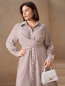 Chikora Plus Size Women Long Sleeve Silky Striped Shirt Dress,White Autumn Office Commute Midi Dress,Smart Casual Elegant Modest Front Opening Fall Outfits - Multicolor - View 5