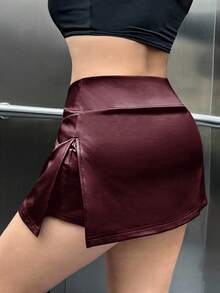 SHEIN EZwear 大尺碼女款高腰純色PU皮革裙褲 - 酒紅色 - 查看 2