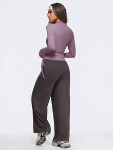 Eassivo Eassivo Women's Mauve Zip-Up Drawstring Top & Coffee Wide Leg Pants Set,Two Piece Athleisure, Modest Active Wear Set,Modest Gym Wear Women - Grey - View 2