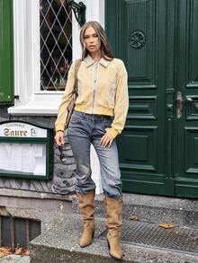 SHEIN Unity Damen Lässig Elegant einfarbige Langarm Reißverschluss Kragen Rippstrick Manschetten PU Leder Einsatz Jacke, Herbst/Winter - Gelb - Übersicht 5