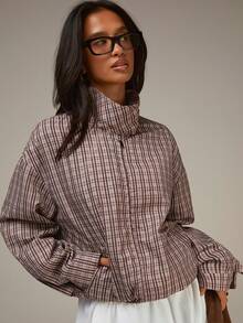 Athîral 女士休闲格子印花长袖外套 - 棕色 - 查看 4