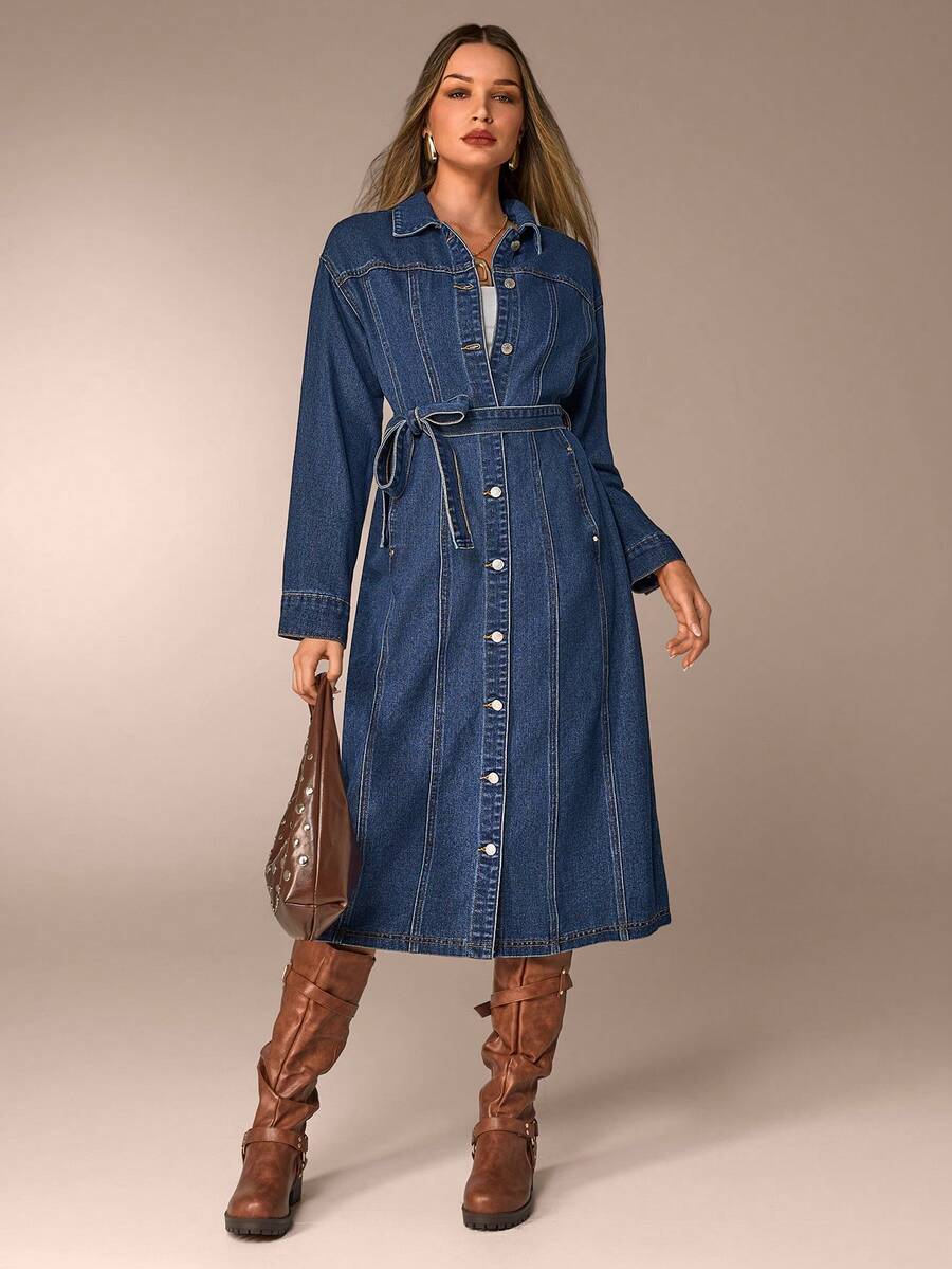 Avantive 长款牛仔连衣裙，配蓝色束腰带，新年服装，优雅连衣裙，休闲女装，节日女装