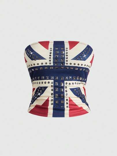 Grunge Punk Women's Kpop Y2K Vintage UK Flag Print Rhinestone Rivet Embellished Top
