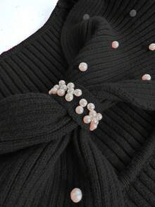 Auvina Plus Size Women's Twist Design Long Sleeve Elegant Pearl Embellished Sweater, Eye-Catching For Dates - Black - View 4