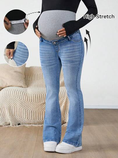 SHEIN Pantalones vaqueros acampanados de maternidad de talle alto con bloqueo de color, ideales para uso casual, de oficina, fiestas, bodas y otras ocasiones especiales como Navidad, Año Nuevo, Acción de Gracias, graduación, vacaciones, etc. Diseño elegante y cómodo con panel de vientre acanalado para mujeres embarazadas