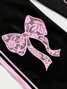 SHEIN Tween Girls' Woven Casual Street Style Bow Print Loose Straight Leg Black Pants, Back To School, Mommy And Me Matching Outfits, Y2K Summer Sweatpants - Black - View 3