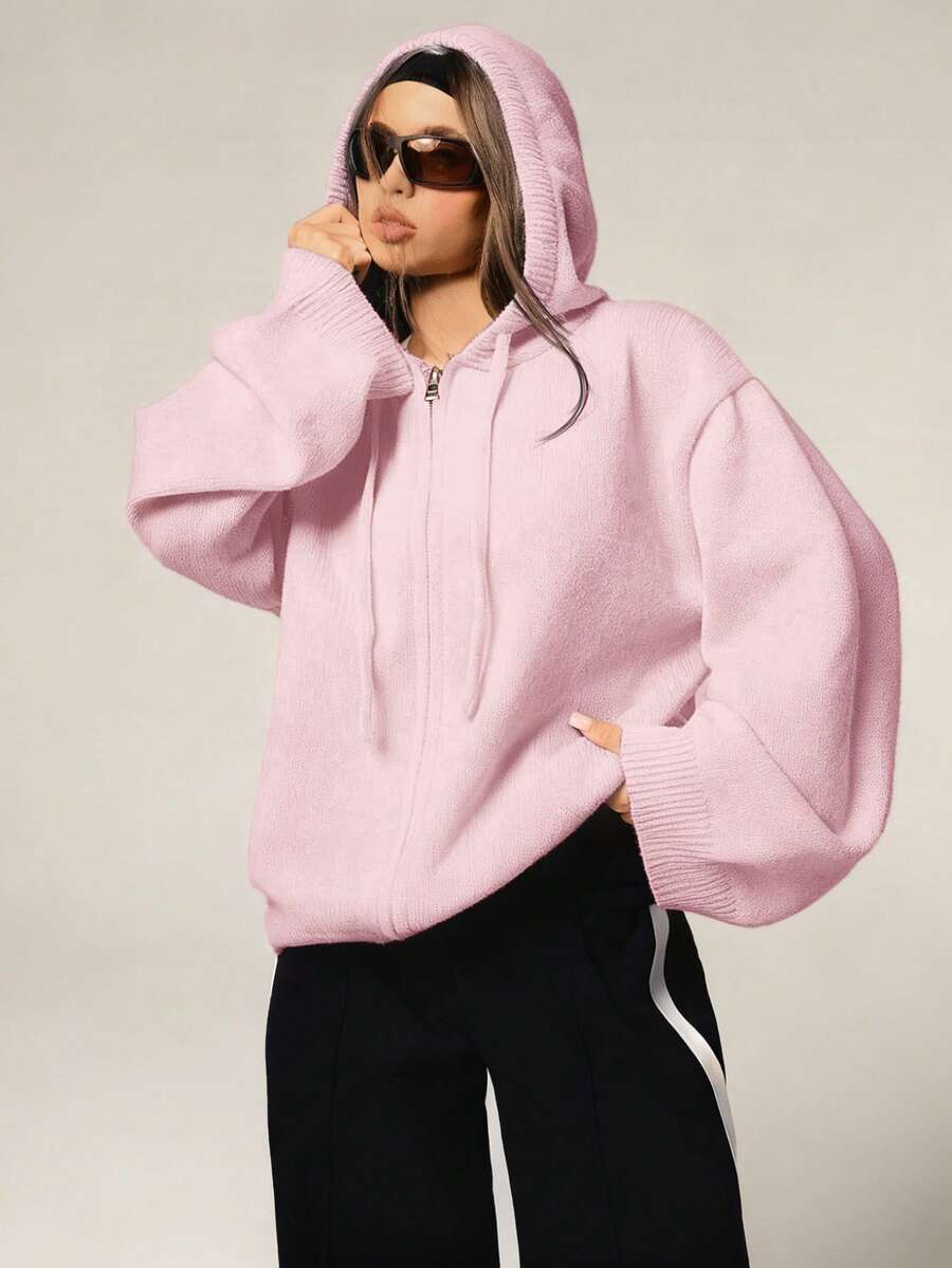 Athîral Women's Casual Drawstring Hooded Cardigan, Autumn/Winter Pink Street Wear,Sweaters For Women,Pink Sweater - Baby Pink - View 1