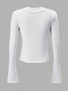 Nuvra Women's White Autumn Chic Workout T-Shirt,Solid Color V-Neck Textured Fabric Elegant Versatile Ribbed Long Sleeve Top With Built-In Bra Warm Shirt - White - View 7