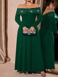 Cravure Đầm trễ vai thanh lịch cỡ lớn cho nữ, thích hợp cho tiệc tùng và hẹn hò - Màu xanh lá cây đậm - Xem 3