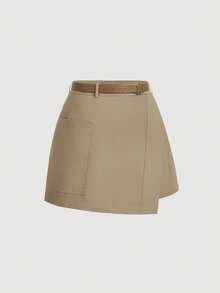 SHEIN MOD Plus Size Elegant Khaki Shorts With Front Strap And Belt, Autumn And Winter Shorts, Going Out Shorts, Retro Shorts, Festival Shorts - Khaki - View 5