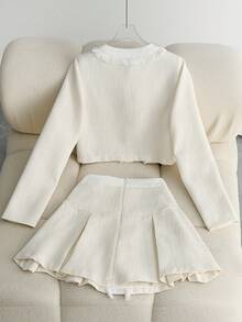 EMERY ROSE 2pcs/Set Women's Elegant Commuting & Party Outfit, Faux Pocket Pearl Decor Button Long Sleeve Jacket And A-Line Zipper Skirt, Autumn/Winter - White - View 2