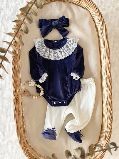 SHEIN 3件套新生女宝宝冬季套装，海军蓝抓绒长袖连体衣，白色蕾丝领口和袖口，白色蝴蝶结装饰长裤，发带，蓝莓婴儿套装，水手服，海军蓝女宝宝，海军蓝男婴套装，西班牙婴儿服装