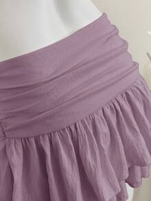 Elamini 米色褶皱高腰低腰双层雪纺半身裙，度假风迷你裙 - 紫色 - 查看 6