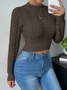 Zielony Solid Color Cable Knit Stand Collar Slim Fit Elegant Long Sleeve Sweater - Coffee Brown - View 6