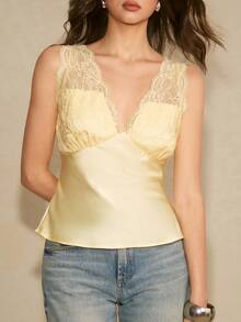 Poéselle 女士优雅通勤纯色蕾丝拼接日常及约会之夜夏季情人节优雅上衣 - 黃色 - 查看 6