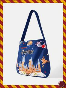 HARRY POTTER X SHEIN 1个花卉蝴蝶图案大容量单肩手提包，适合露营、旅行、购物、上学、工作等场合。 - 藏蓝色 - 查看 2