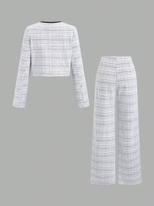 SHEIN Unity Black And White Checkered Tweed 2-Piece Set,Autumn Elegant Office Long Sleeve Crew Neck Top With Black Ribbon & Metal Button Decor & Straight Pants - White - View 2