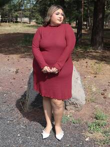 Enliva 大码女式宽松休闲长袖连衣裙，适合秋季穿着，冬季款，曲线加大码/秋冬款 - 酒紅色 - 查看 5