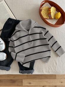 SHEIN 男童秋冬高领条纹拉链开衫毛衣，居家、上学、外出皆宜，米色和黑色 - 灰色 - 查看 7