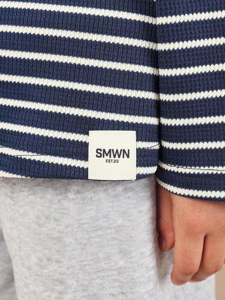 Langärmliges, gestreiftes Waffelshirt mit Boston-Motiv
