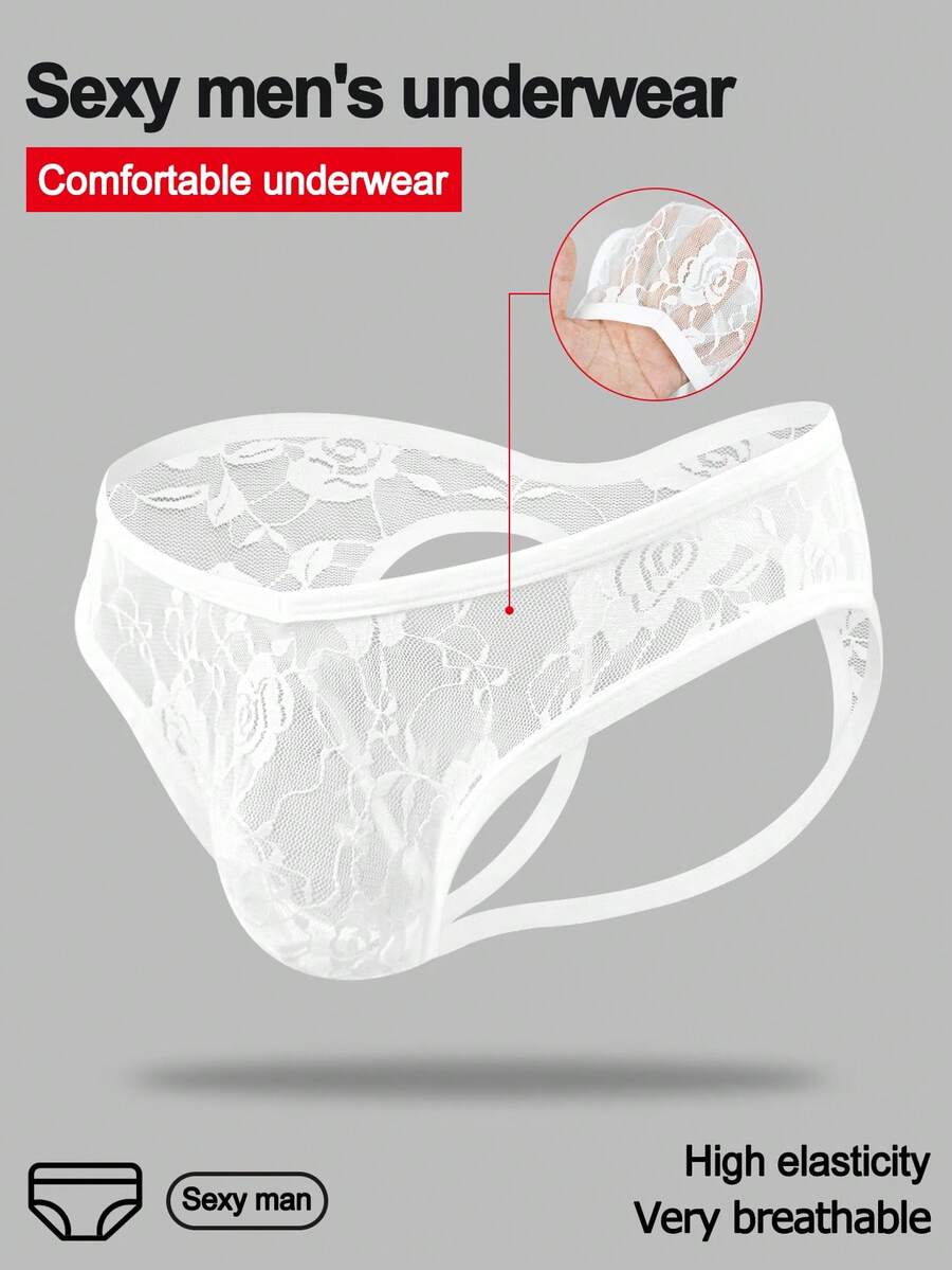 1 pieza Ropa interior sexy para hombres con encaje de rosa y diseño calado en la espalda - Blanco - Ver 1