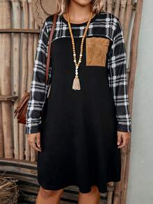 EMERY ROSE Plus Size Casual Patchwork Plaid Round Neck Long Sleeve Dress - Black - View 3