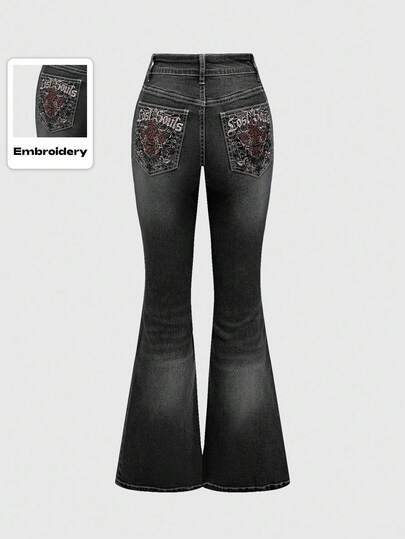 Fairycore Plus Size Casual Washed Embroidered Flare Jeans
