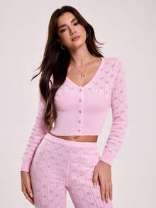 SHEIN Sovereign Charm Casual Solid Color Fitted V-Neck Cropped Long Sleeve Sweater - Pink - View 1