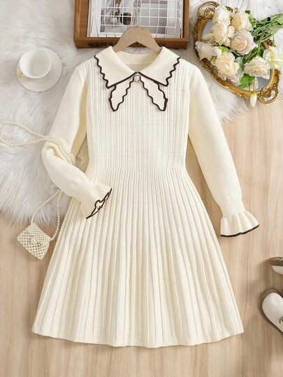 Elladie kids Tween Girls Elegant & Versatile Basic Style Navy Blue New Knit Dress For Little Girls - Soft & Gentle Collared Long-Sleeve Sweater Dress With Decorative Trim Neckline, Suitable For Daily Wear & Autumn/Winter