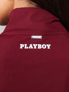 Missguided x Playboy 修身长袖拉链运动外套，饰有兔子标志和字母印花，适合秋冬休闲穿着 - 酒紅色 - 查看 5