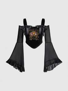 ROMWE Goth 神秘塔罗牌与星空刺绣露肩喇叭袖丝绒上衣 - 黑色 - 查看 3