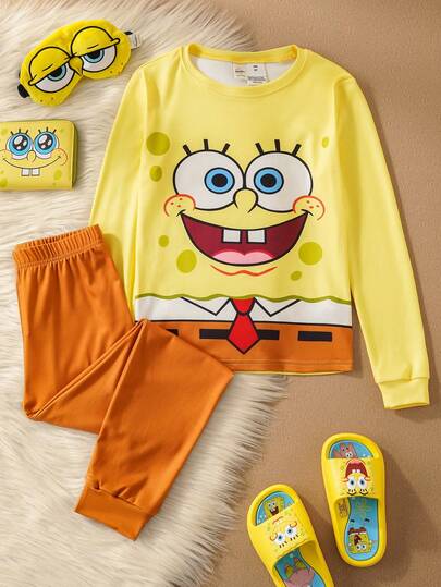 SpongeBob SquarePants | SHEIN 男童可爱卡通图案长袖T恤和棕色裤子修身睡衣套装