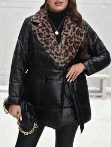 SHEIN LUNE Plus Size Quilted Coat With Leopard Furry Collar, Thick Black Top, Stylish New Year Christmas Winter - Black - View 10