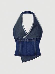 Sweetra Women's Sexy Fashion Street Chic Backless Wrap Button Asymmetrical Hem Halter Denim Blouse, Summer - Blue - View 2
