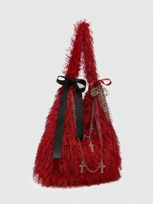 ROMWE Kawaii Túi tote cỡ lớn họa tiết nơ lưới phong cách cổ điển dành cho nữ - Màu rượu vang đỏ - Xem 4