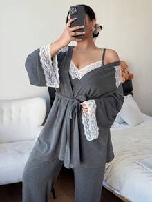 SHEIN Plus Size Delicate Lace Patchwork Tie-Up Camisole Top & Pants And Belted Robe Set, Winter Clothes - Grey - View 3