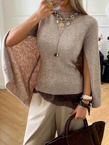 DAZY 女士宽松斗篷式圆领毛衣，休闲都市风 - 卡其色 - 查看 5