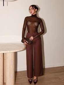 Bris Aura 斯德哥尔摩风格，女士教师装，秋季时尚，高领高领针织上衣，优雅秋冬衬衫，网眼长袖衬衫，商务休闲女士基本款上衣 - 棕色 - 查看 4