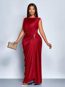 SOLERSUN Vestido Longo Maxie Elegante de Plus Size Feminino, Cor Sólida, Plissado, Vazado, Fivela de Metal Exclusiva, Franzido, Fenda, Sem Mangas, para Outono e Inverno, Casual, Festa, Dama de Honra, Halloween, Natal, Réveillon, Roupa de Festa, Design de Vestido Envelope - Vinho - Visão 2