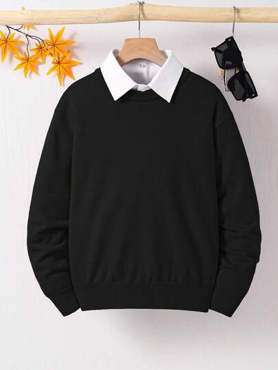 SHEIN Tween Boys Casual Crew Neck Pullover Sweater, Comfortable For Commuting, School, Daily Casual Wear, And Sports