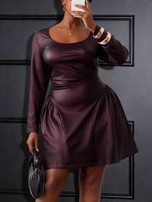 Slaydiva Elegant Autumn Dark Purple Long Sleeve Mini Dress,Night Out Club Party Event Fitted U-Neck Ruched Waist Hem Slit A-Line PU Coated Plus Size Burgundy - Coffee Brown - View 6