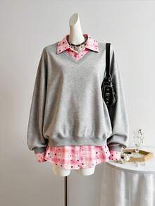 SHEIN ChillGRL Teen Girls Minimalist Versatile Striped Splicing Thermal Lined Gray Long Sleeve Sweatshirt With Plaid Decor, Autumn/Winter - Grey - View 3