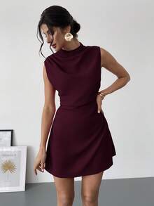 Firerie Women's Elegant Minimalist Delicate Romantic Sweet Daily Commute Wedding Party Music Festival Vacation Pleated A-Line Mini Dress, Red Camisole Maroon Dress - Maroon - View 2