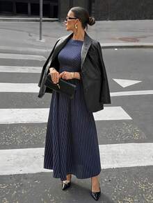 Siren Gaze Women's Boat Neck Lantern Sleeve Ruched Striped Dress Navy Blue Elegant Dress Vertical Stripe Dress Long Sleeve Elegant Dress Elegant Midi Dress Long Sleeve Dress Winter Evening Dress Boat Neck Dress Pinstripe Midi Dress Formal Midi Dress Naval Blue Dress Elegant Long Sleeve Dress Spring - Navy Blue - View 4