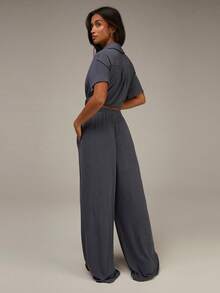 Athîral 女士深灰色简约长裤，适合日常休闲穿着，舒适柔软的针织面料，宽松的H字版型，休闲女装，新年必备 - Iron Gray - 查看 4