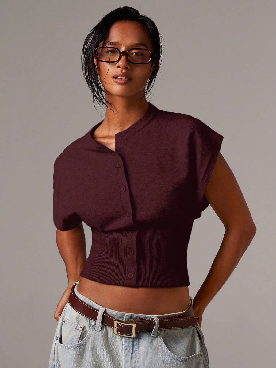 Athîral Áo len chui đầu tay cánh dơi cài nút phía trước màu trơn tối giản dành cho nữ - Màu Đỏ Sâu - Xem 1